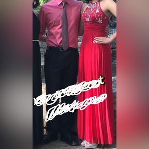 Red halter neck embellished prom dress